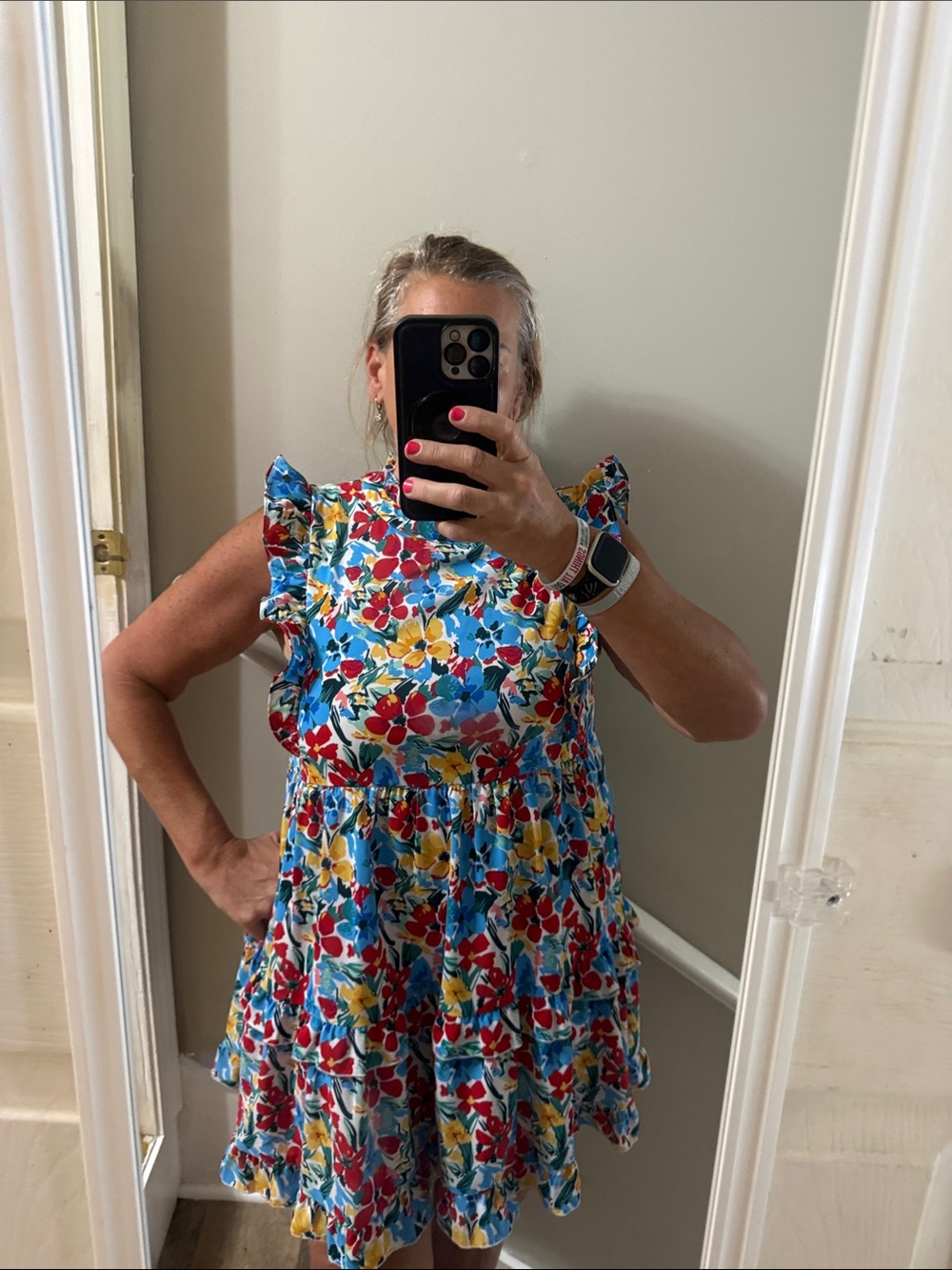 JODIFL M Multicolor Floral Ruffle Tiered Mini Dress Flutter Sleeve Colorful